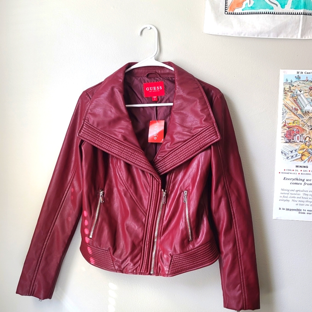 New With Tags Guess Leather Moto Jacket in Red